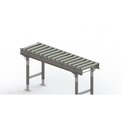 Roller conveyor, steel frame with zinc plated steel rollers, track width 400 mm, distance between axles 100 mm, length 1.5 m.