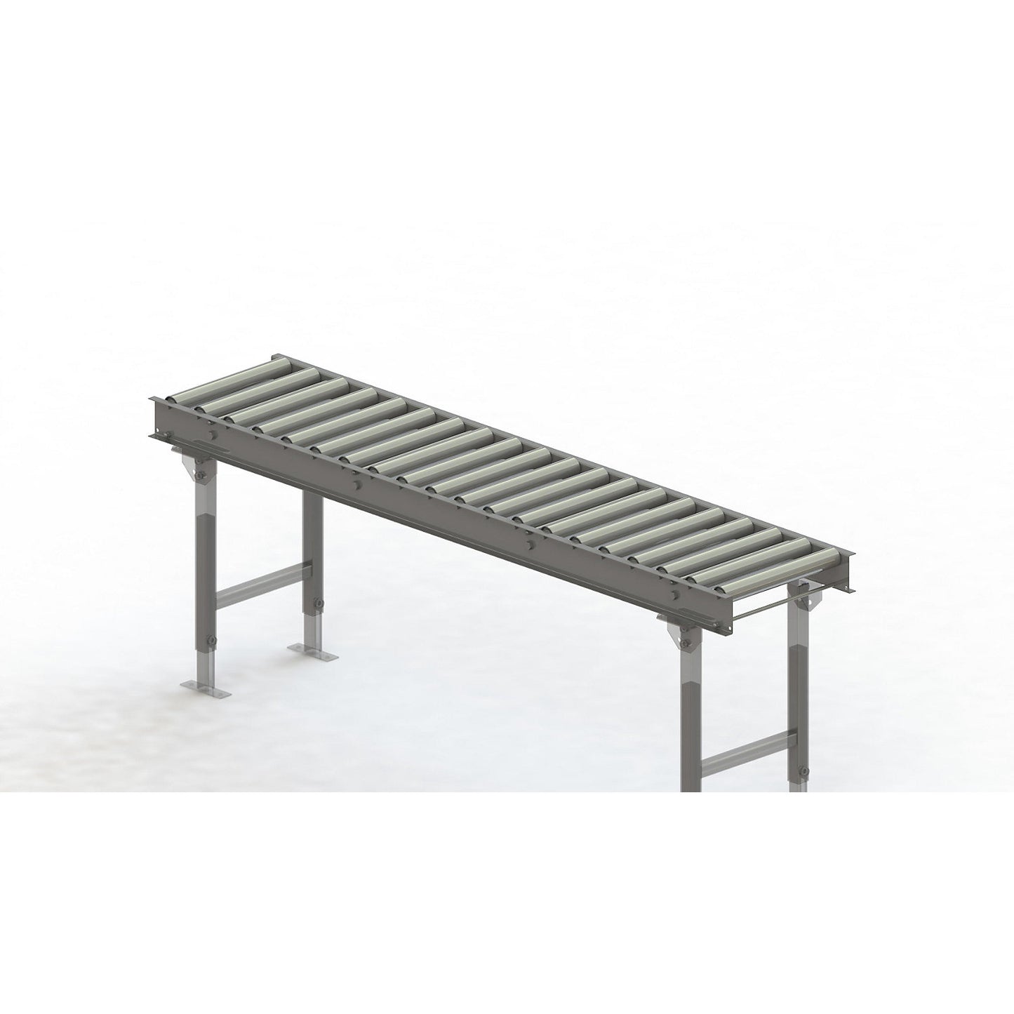 Roller conveyor, steel frame with zinc plated steel rollers, track width 400 mm, distance between axles 100 mm, length 2 m.