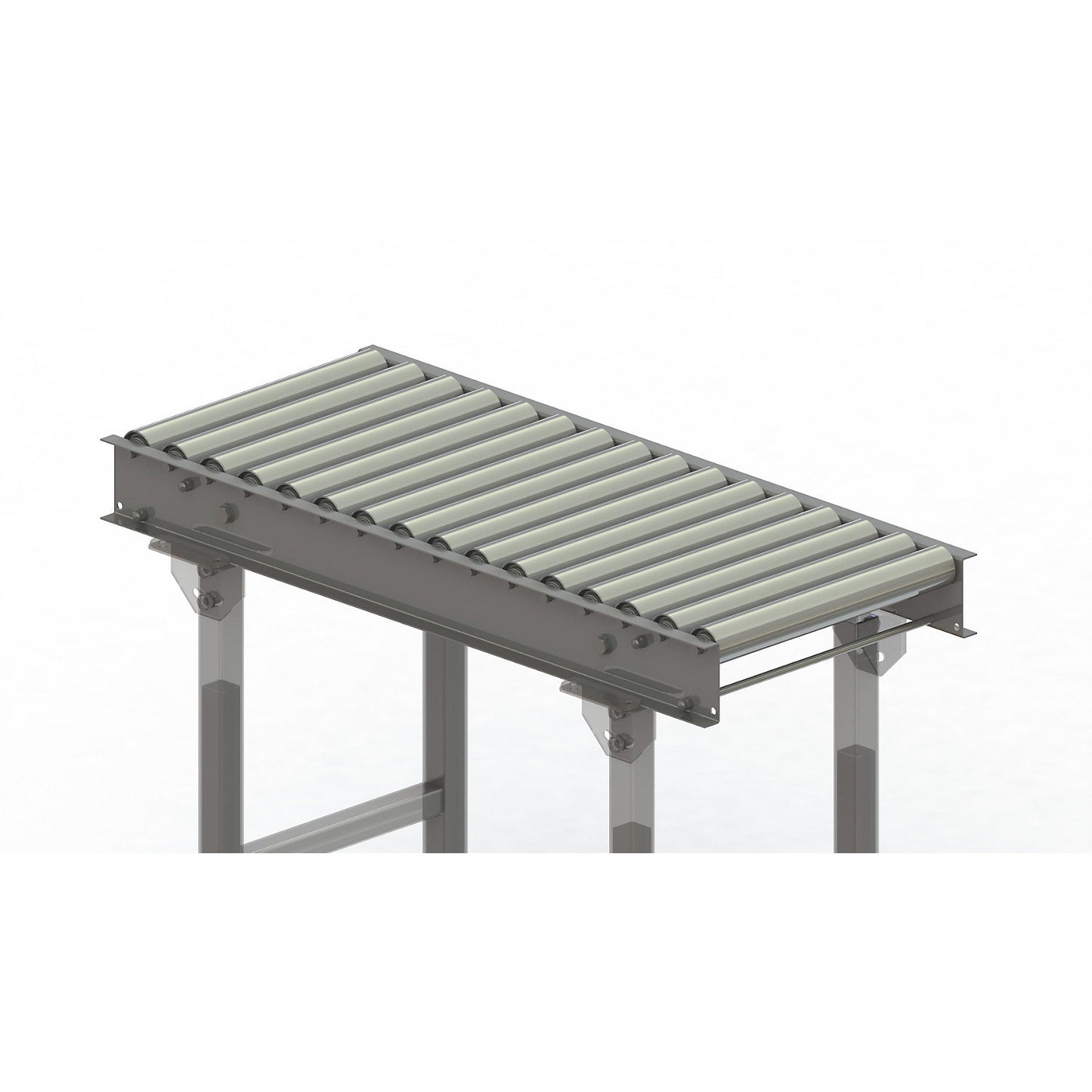Roller conveyor, steel frame with zinc plated steel rollers, track width 400 mm, distance between axles 62.5 mm, length 1 m.