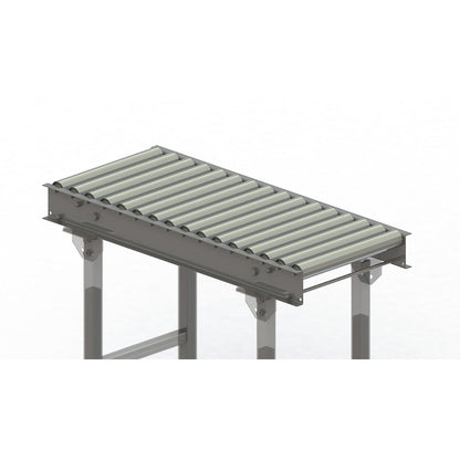 Roller conveyor, steel frame with zinc plated steel rollers, track width 400 mm, distance between axles 62.5 mm, length 1 m.