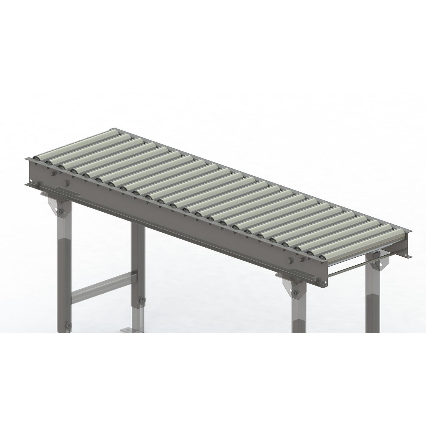 Roller conveyor, steel frame with zinc plated steel rollers, track width 400 mm, distance between axles 62.5 mm, length 1.5 m.