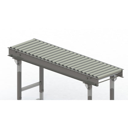 Roller conveyor, steel frame with zinc plated steel rollers, track width 400 mm, distance between axles 62.5 mm, length 1.5 m.