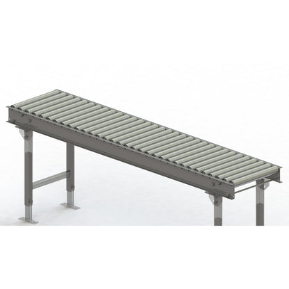 Roller conveyor, steel frame with zinc plated steel rollers, track width 400 mm, distance between axles 62.5 mm, length 2 m.