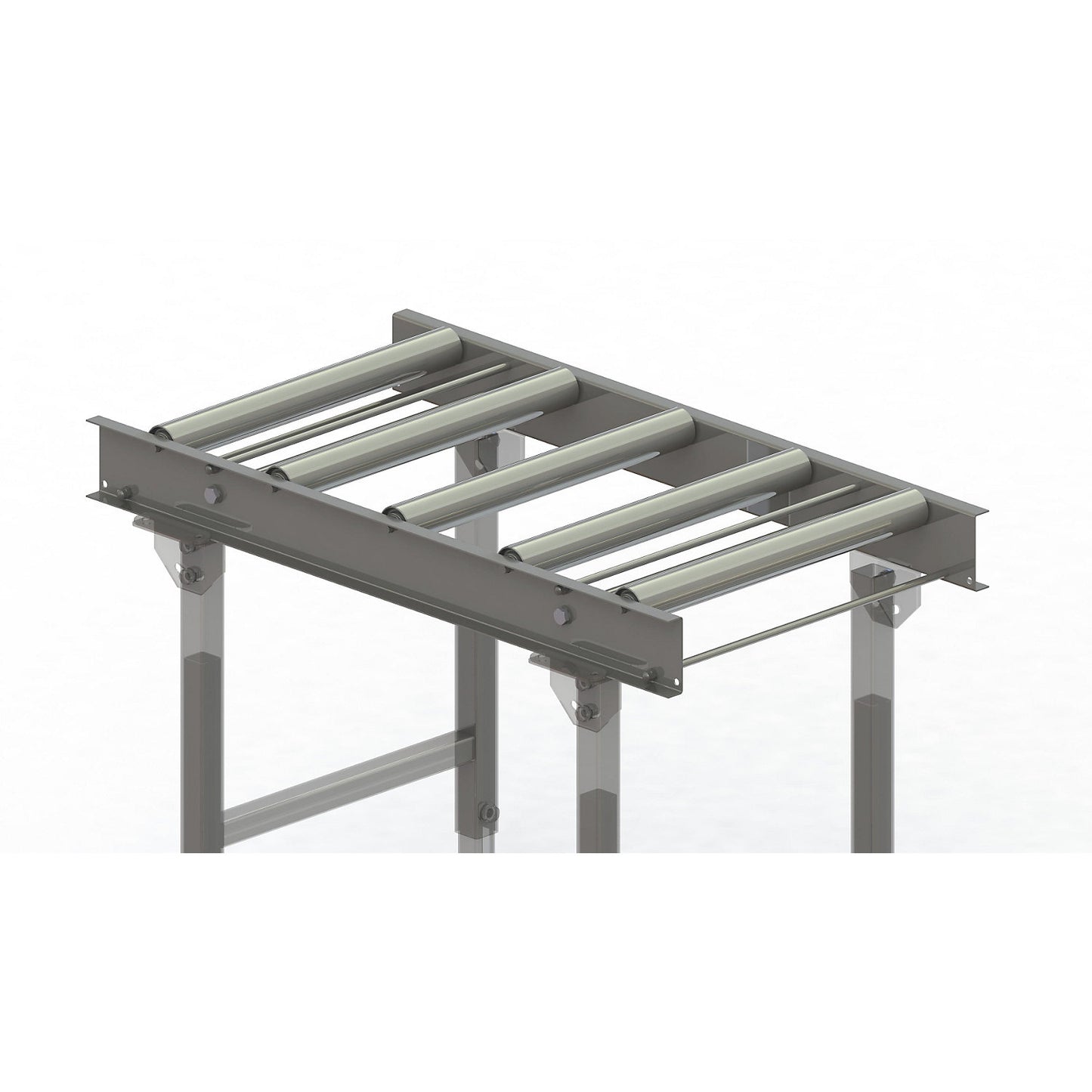 Roller conveyor, steel frame with zinc plated steel rollers, track width 500 mm, distance between axles 200 mm, length 1 m.