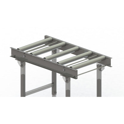 Roller conveyor, steel frame with zinc plated steel rollers, track width 500 mm, distance between axles 200 mm, length 1 m.