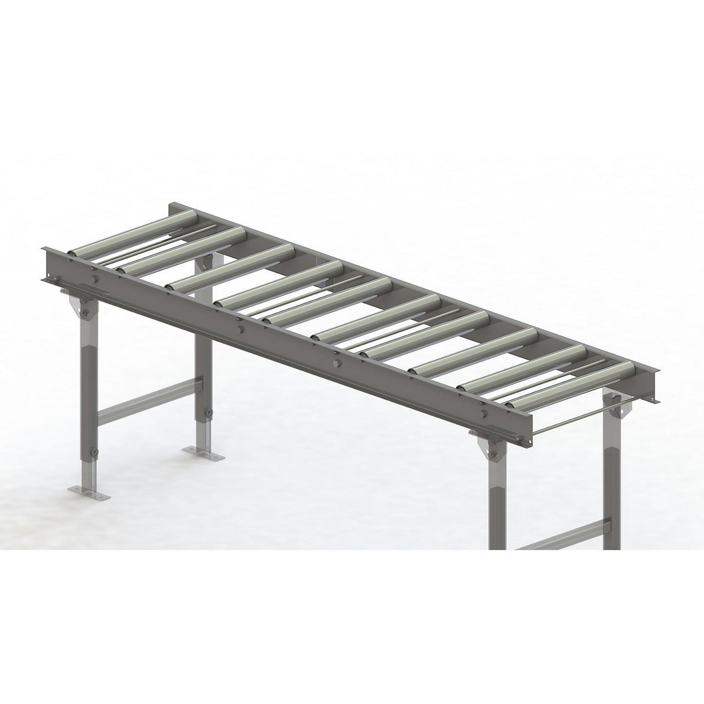Roller conveyor, steel frame with zinc plated steel rollers, track width 500 mm, distance between axles 200 mm, length 2 m.