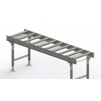 Roller conveyor, steel frame with zinc plated steel rollers, track width 500 mm, distance between axles 200 mm, length 2 m.