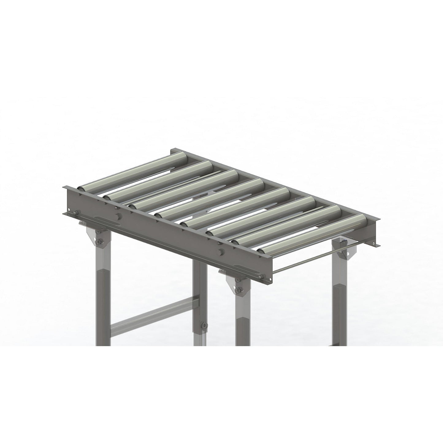 Roller conveyor, steel frame with zinc plated steel rollers, track width 500 mm, distance between axles 125 mm, length 1 m.