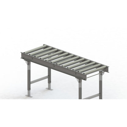Roller conveyor, steel frame with zinc plated steel rollers, track width 500 mm, distance between axles 125 mm, length 1.5 m.