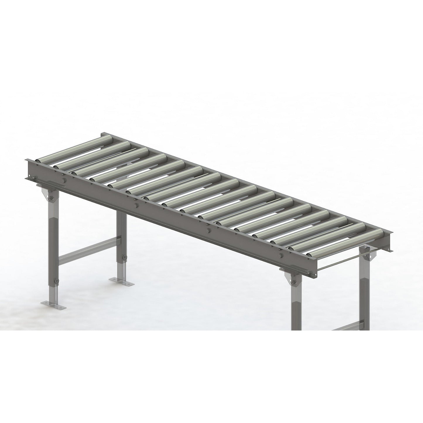 Roller conveyor, steel frame with zinc plated steel rollers, track width 500 mm, distance between axles 125 mm, length 2 m.