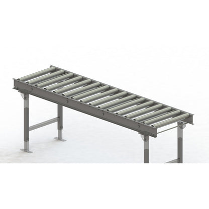 Roller conveyor, steel frame with zinc plated steel rollers, track width 500 mm, distance between axles 125 mm, length 2 m.