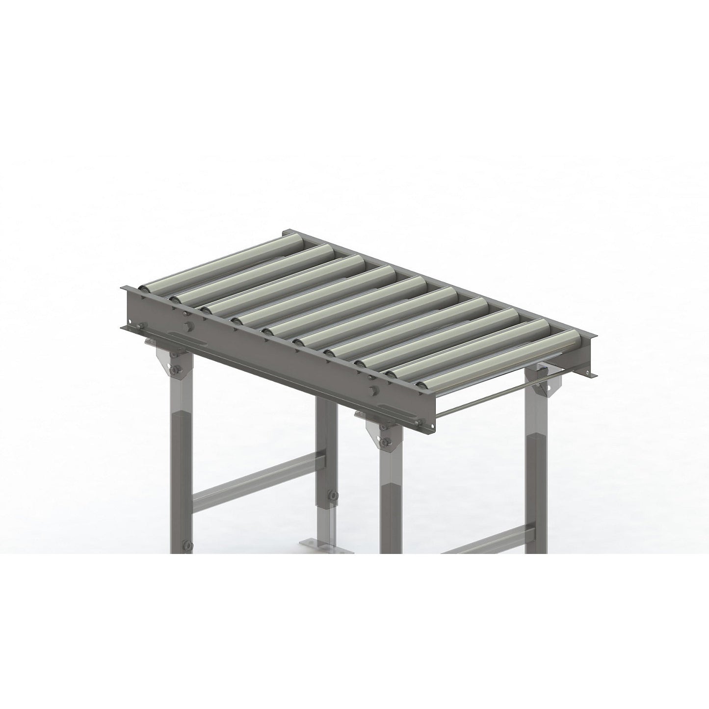Roller conveyor, steel frame with zinc plated steel rollers, track width 500 mm, distance between axles 100 mm, length 1 m.