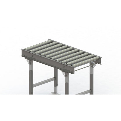 Roller conveyor, steel frame with zinc plated steel rollers, track width 500 mm, distance between axles 100 mm, length 1 m.