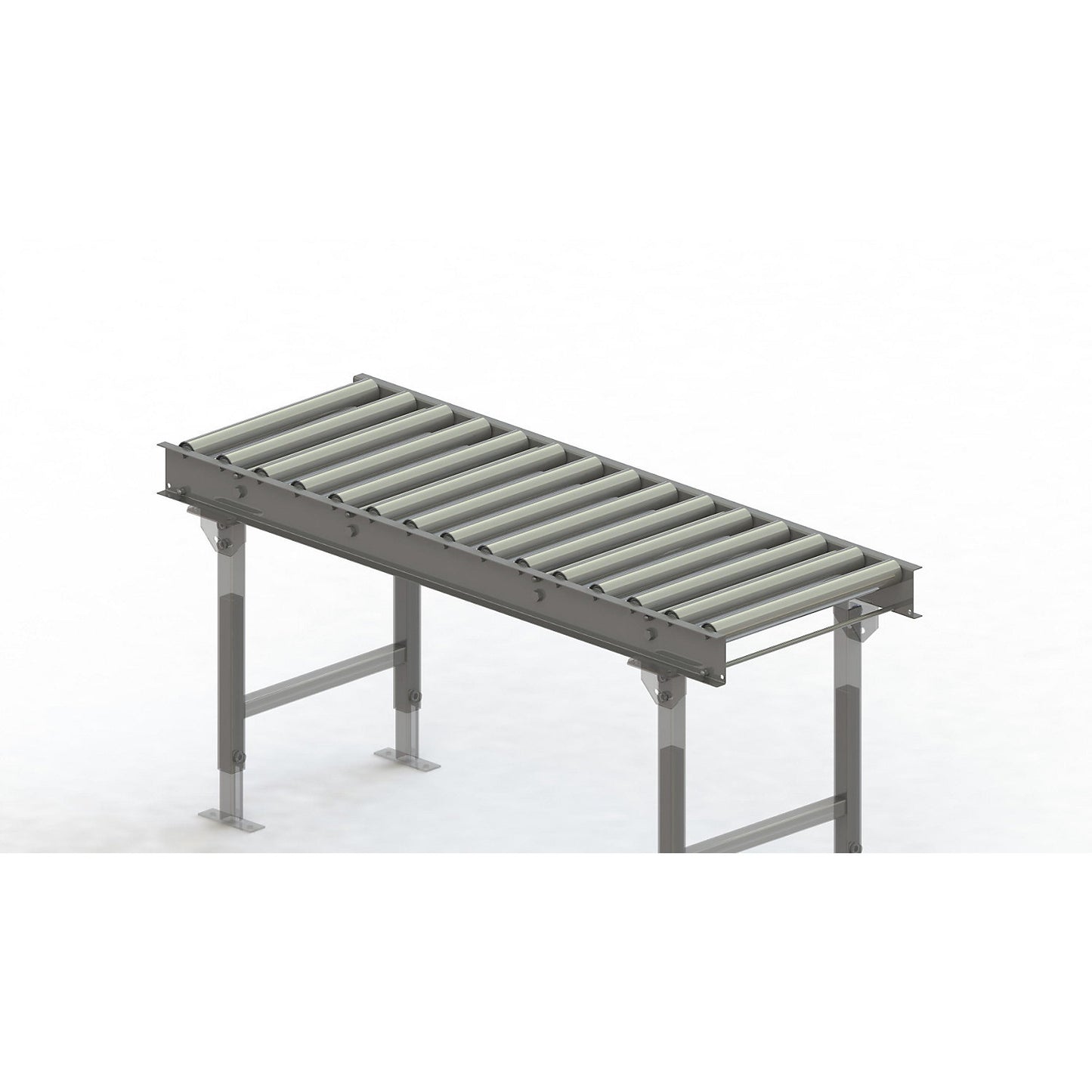 Roller conveyor, steel frame with zinc plated steel rollers, track width 500 mm, distance between axles 100 mm, length 1.5 m.