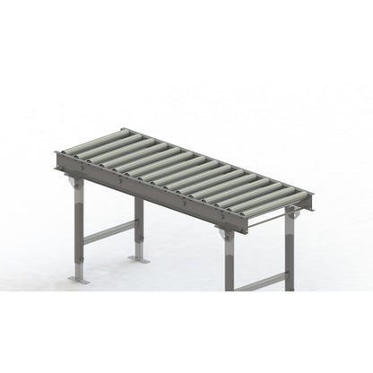 Roller conveyor, steel frame with zinc plated steel rollers, track width 500 mm, distance between axles 100 mm, length 1.5 m.