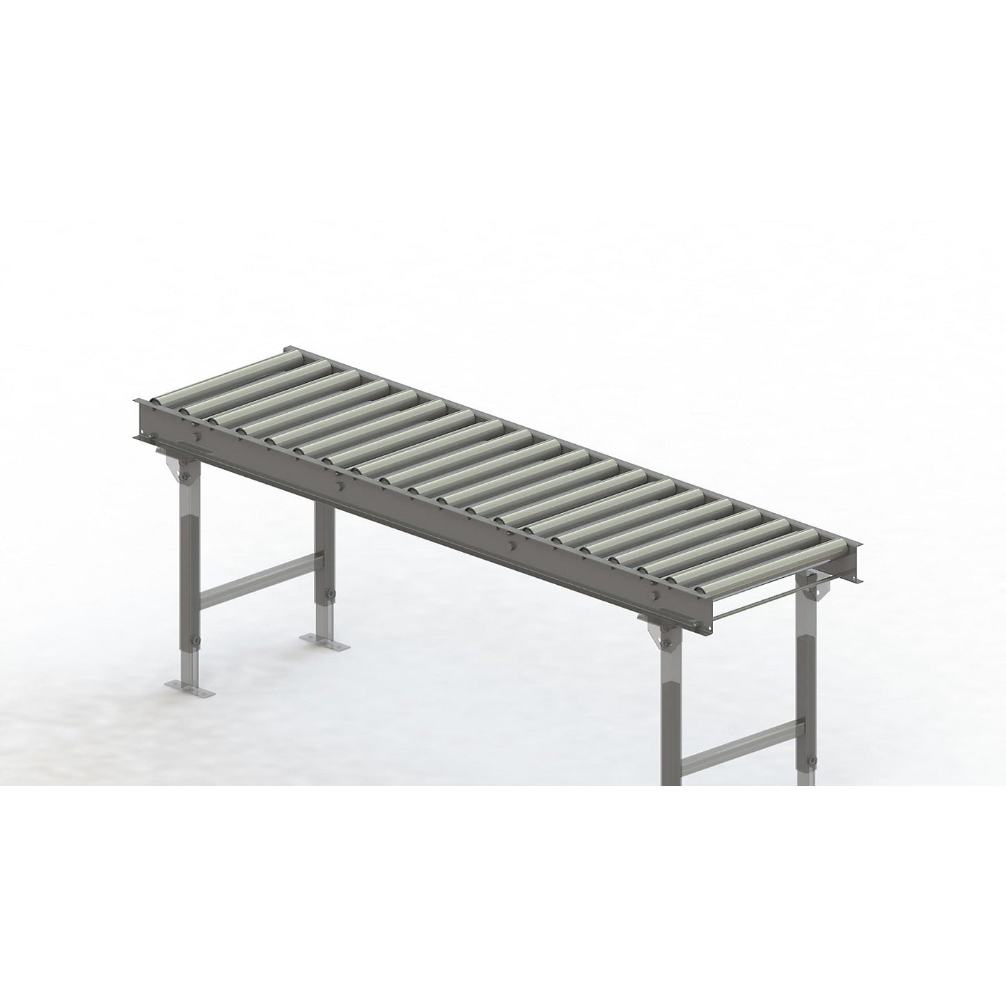 Roller conveyor, steel frame with zinc plated steel rollers, track width 500 mm, distance between axles 100 mm, length 2 m.