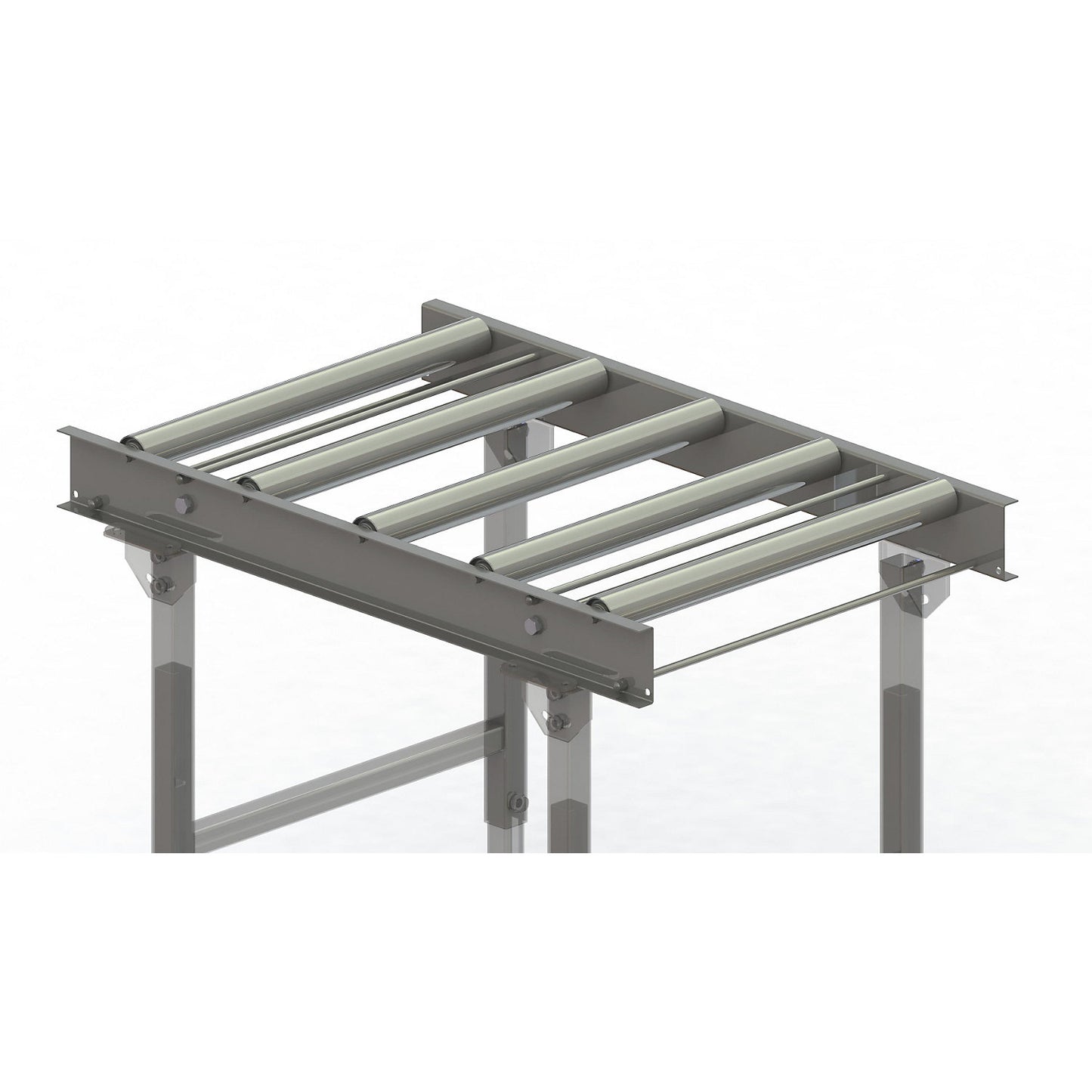 Roller conveyor, steel frame with zinc plated steel rollers, track width 600 mm, distance between axles 200 mm, length 1 m.