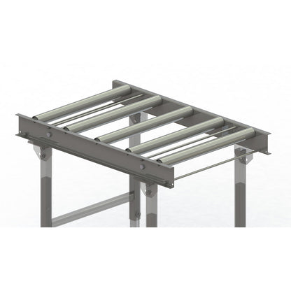 Roller conveyor, steel frame with zinc plated steel rollers, track width 600 mm, distance between axles 200 mm, length 1 m.
