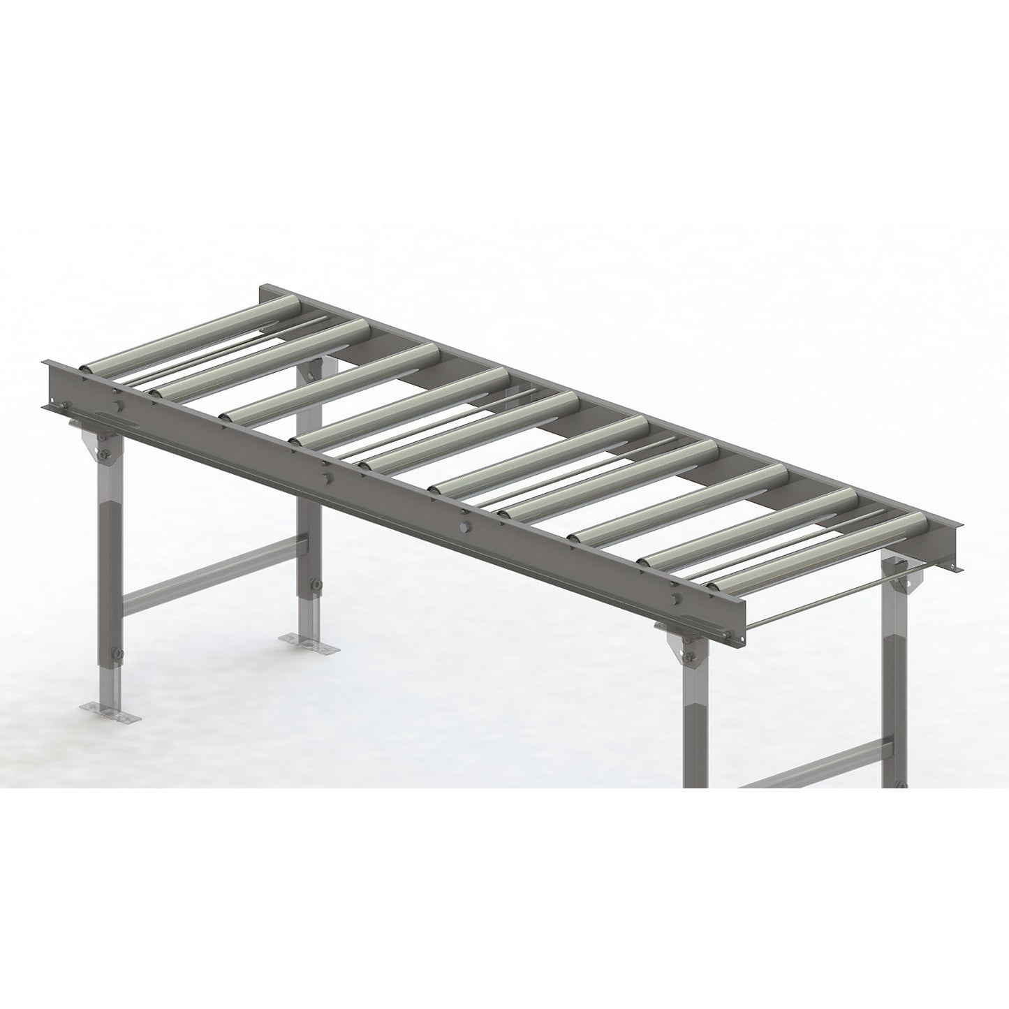 Roller conveyor, steel frame with zinc plated steel rollers, track width 600 mm, distance between axles 200 mm, length 2 m.