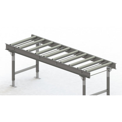 Roller conveyor, steel frame with zinc plated steel rollers, track width 600 mm, distance between axles 200 mm, length 2 m.