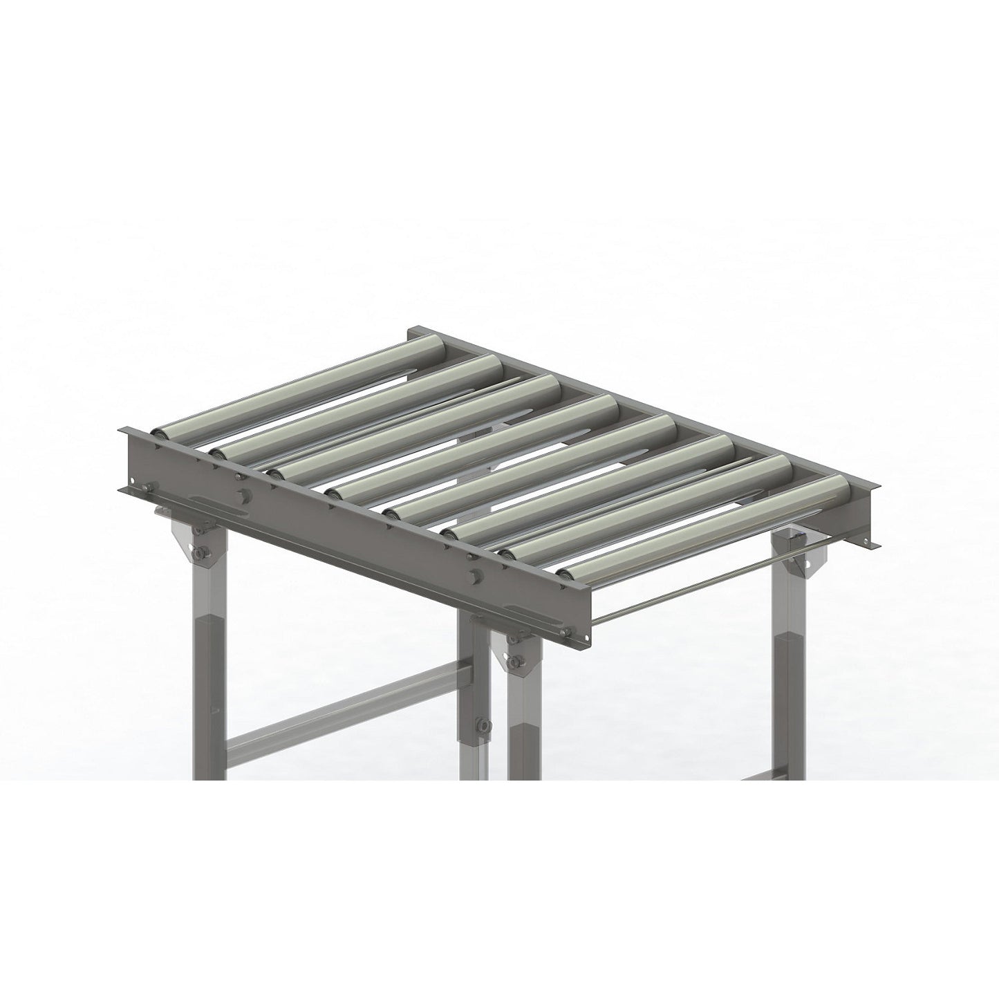 Roller conveyor, steel frame with zinc plated steel rollers, track width 600 mm, distance between axles 125 mm, length 1 m.