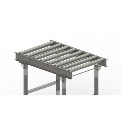 Roller conveyor, steel frame with zinc plated steel rollers, track width 600 mm, distance between axles 125 mm, length 1 m.