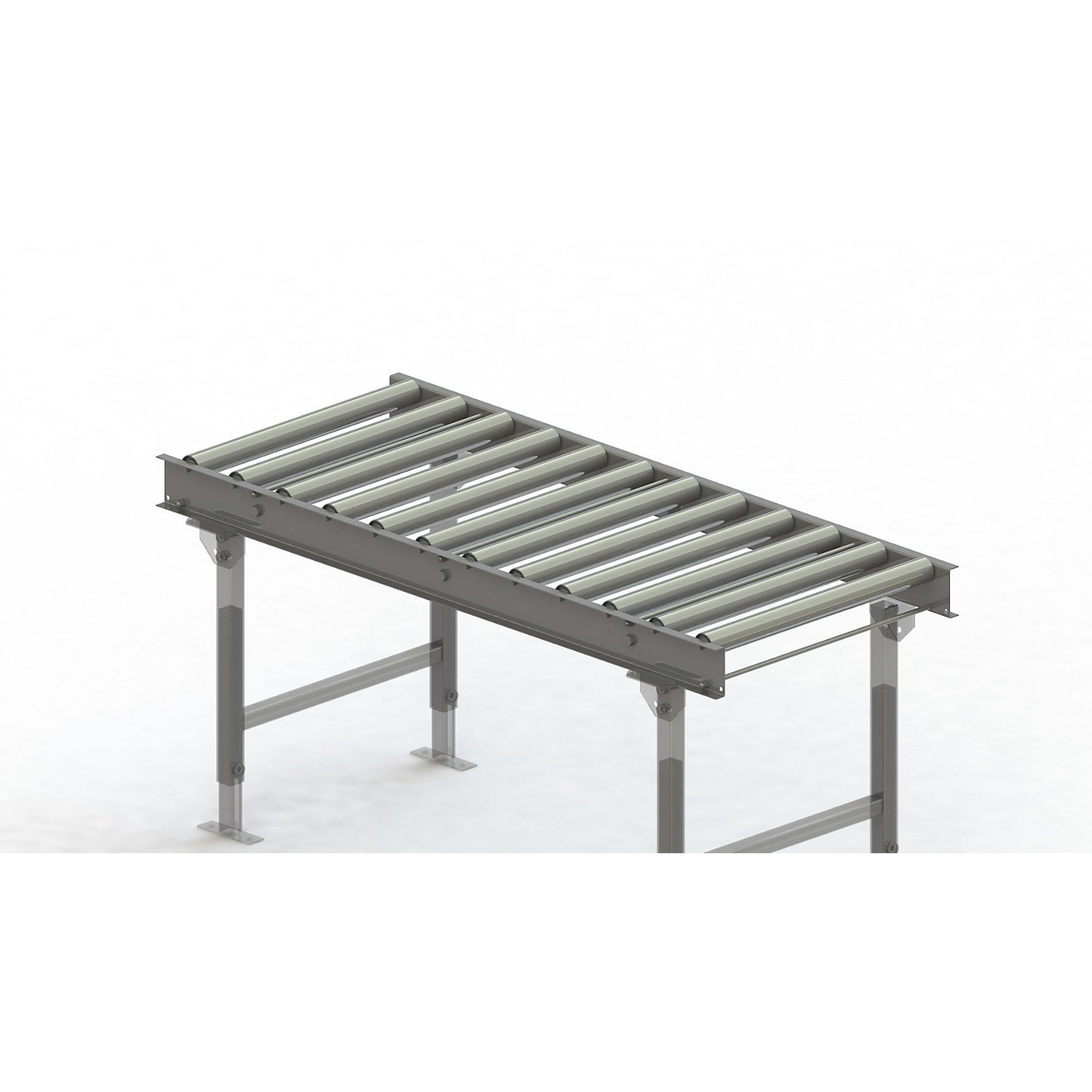 Roller conveyor, steel frame with zinc plated steel rollers, track width 600 mm, distance between axles 125 mm, length 1.5 m.