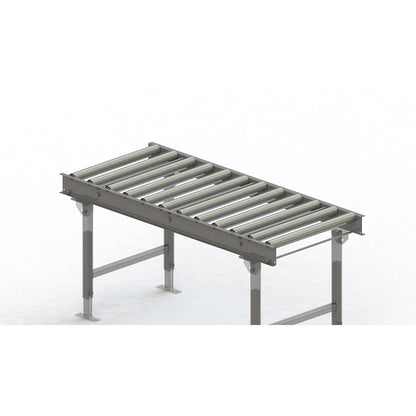 Roller conveyor, steel frame with zinc plated steel rollers, track width 600 mm, distance between axles 125 mm, length 1.5 m.
