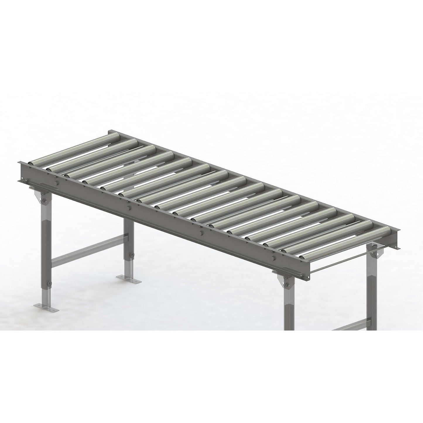 Roller conveyor, steel frame with zinc plated steel rollers, track width 600 mm, distance between axles 125 mm, length 2 m.