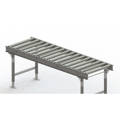 Roller conveyor, steel frame with zinc plated steel rollers, track width 600 mm, distance between axles 125 mm, length 2 m.