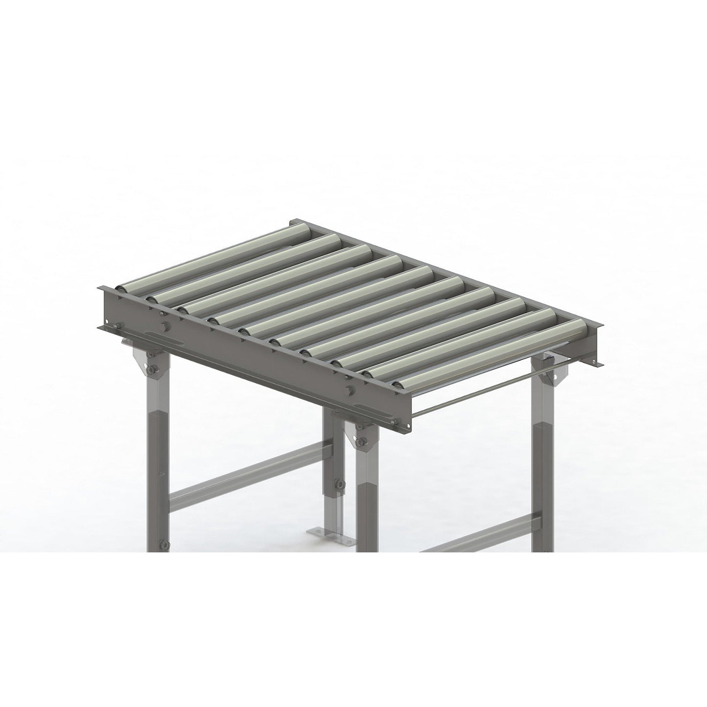 Roller conveyor, steel frame with zinc plated steel rollers, track width 600 mm, distance between axles 100 mm, length 1 m.