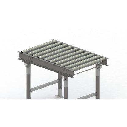 Roller conveyor, steel frame with zinc plated steel rollers, track width 600 mm, distance between axles 100 mm, length 1 m.