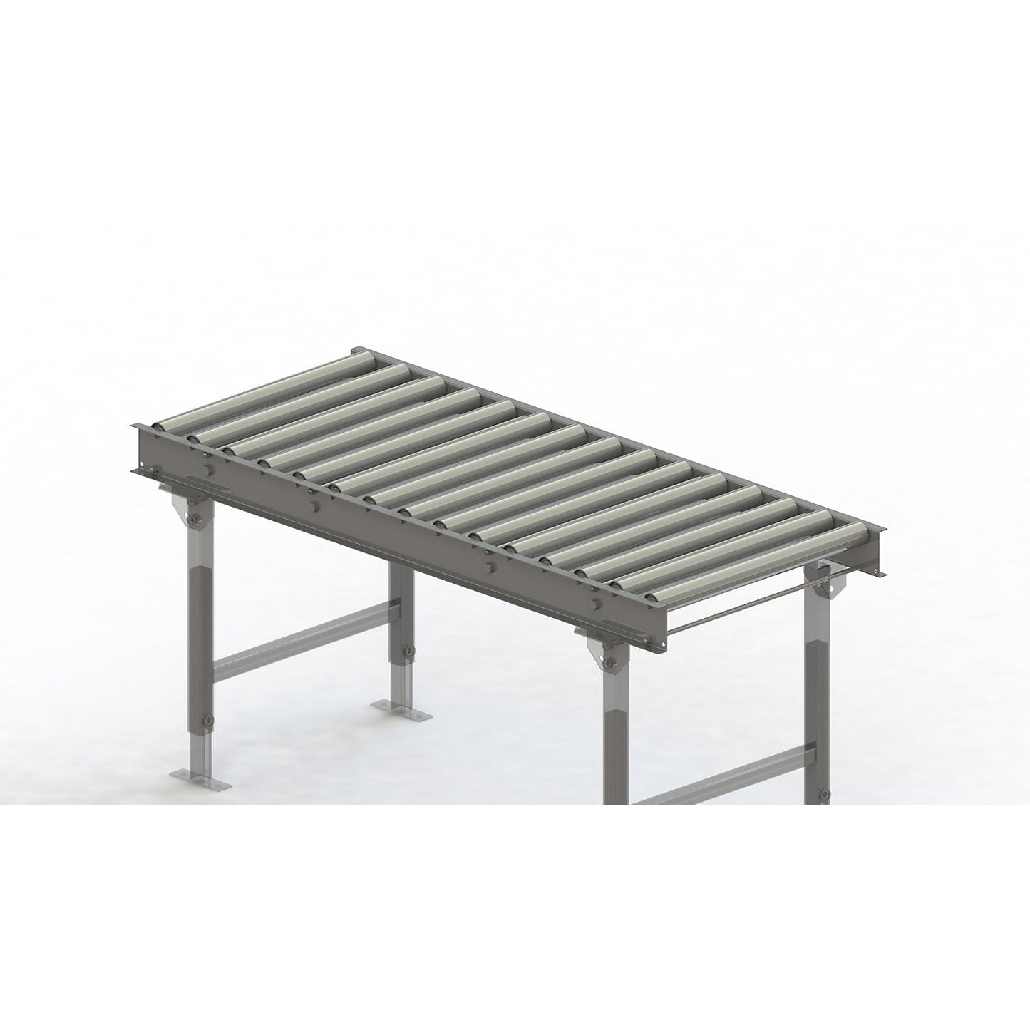 Roller conveyor, steel frame with zinc plated steel rollers, track width 600 mm, distance between axles 100 mm, length 1.5 m.