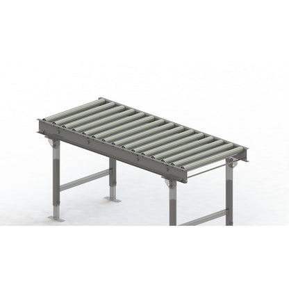 Roller conveyor, steel frame with zinc plated steel rollers, track width 600 mm, distance between axles 100 mm, length 1.5 m.