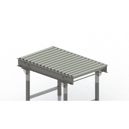 Roller conveyor, steel frame with zinc plated steel rollers, track width 600 mm, distance between axles 62.5 mm, length 1 m.