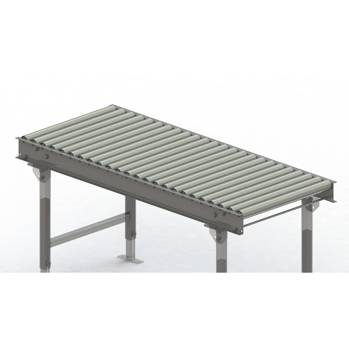 Roller conveyor, steel frame with zinc plated steel rollers, track width 600 mm, distance between axles 62.5 mm, length 1.5 m.
