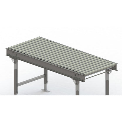 Roller conveyor, steel frame with zinc plated steel rollers, track width 600 mm, distance between axles 62.5 mm, length 1.5 m.