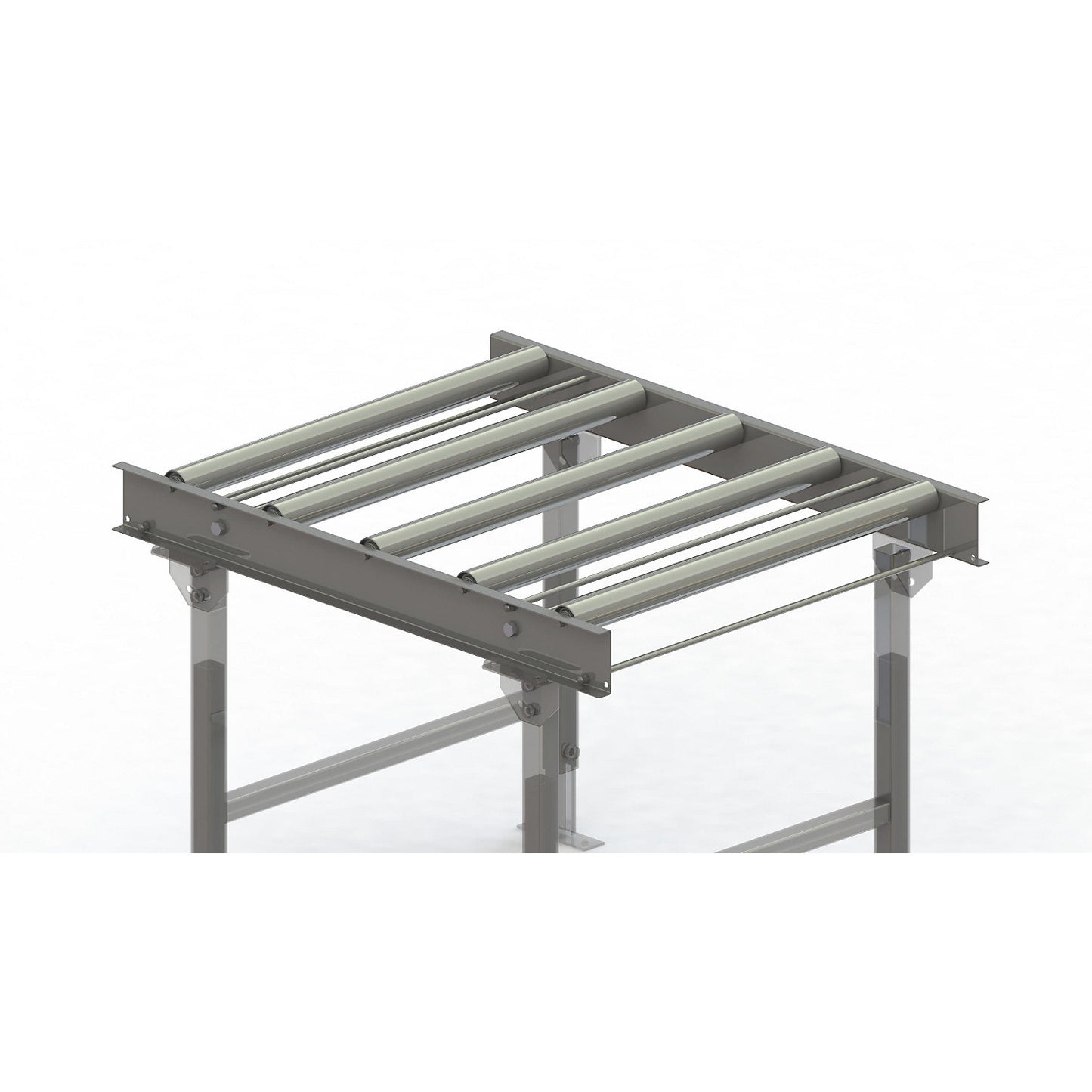 Roller conveyor, steel frame with zinc plated steel rollers, track width 750 mm, distance between axles 200 mm, length 1 m.