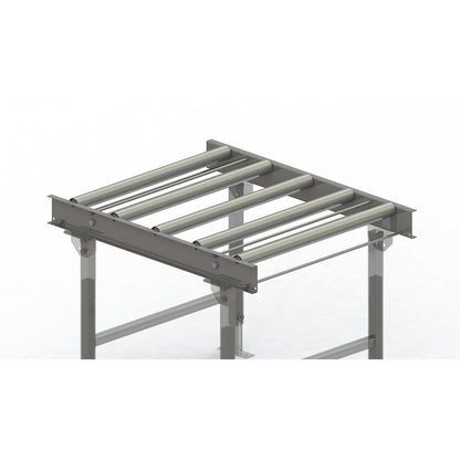 Roller conveyor, steel frame with zinc plated steel rollers, track width 750 mm, distance between axles 200 mm, length 1 m.