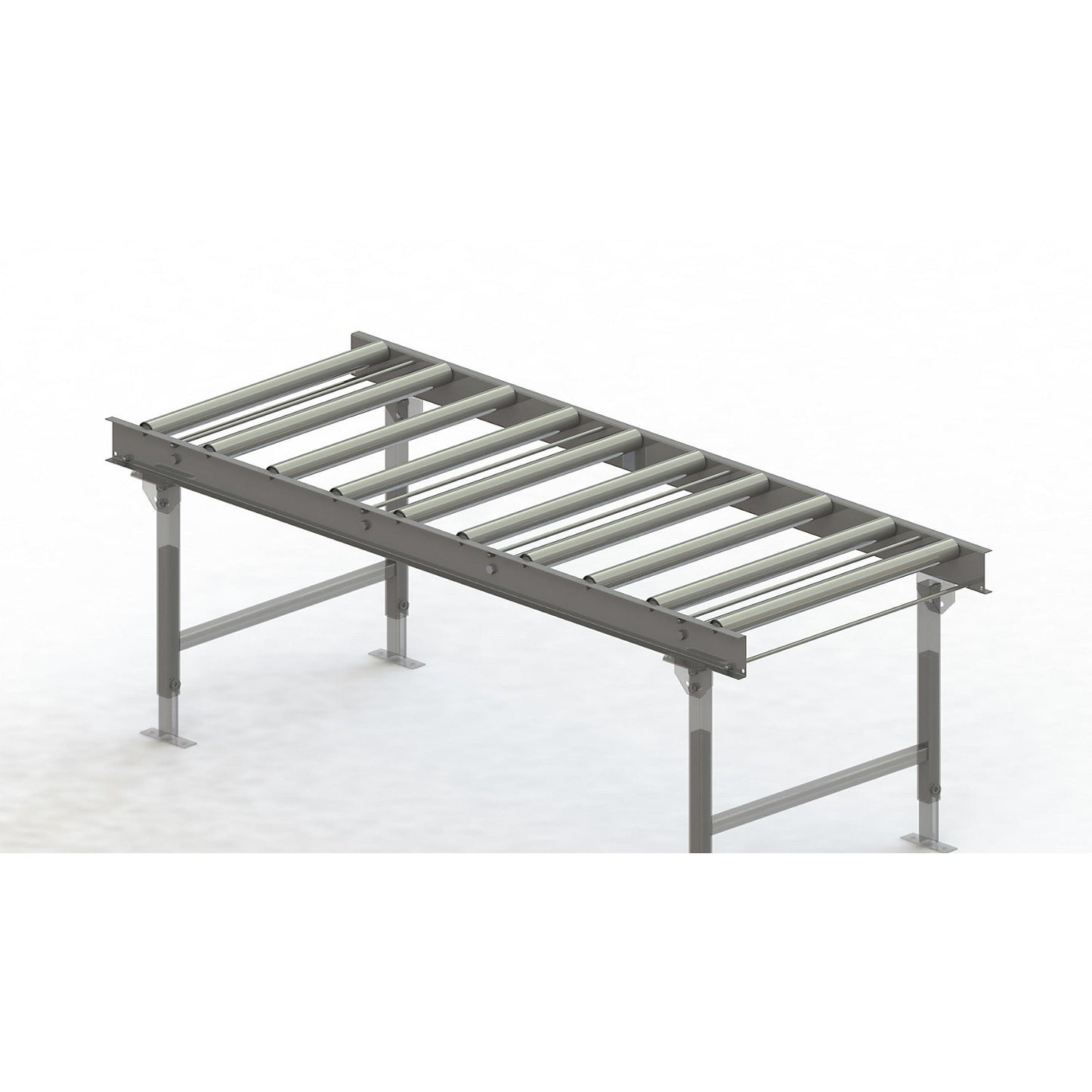 Roller conveyor, steel frame with zinc plated steel rollers, track width 750 mm, distance between axles 200 mm, length 2 m.