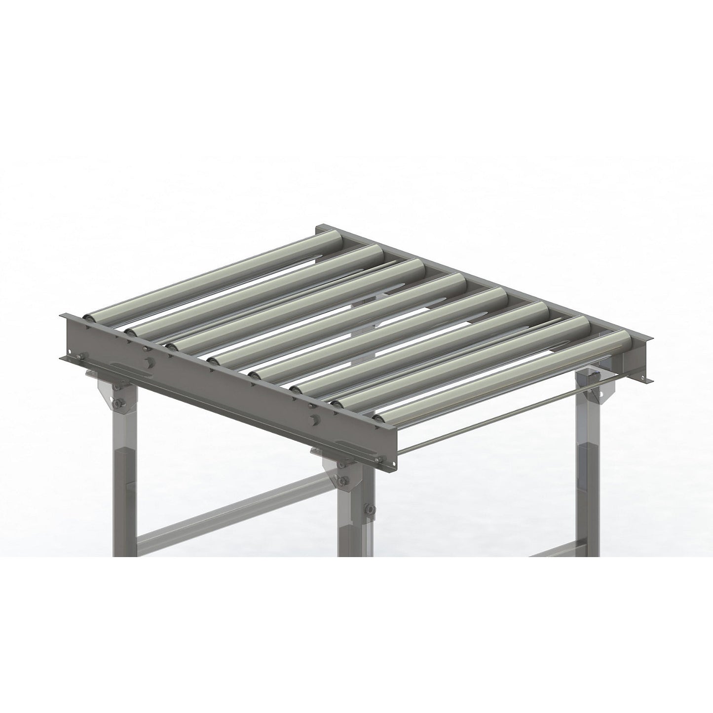 Roller conveyor, steel frame with zinc plated steel rollers, track width 750 mm, distance between axles 125 mm, length 1 m.