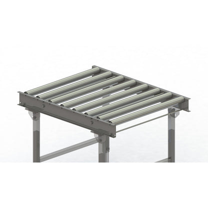 Roller conveyor, steel frame with zinc plated steel rollers, track width 750 mm, distance between axles 125 mm, length 1 m.