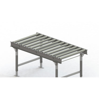 Roller conveyor, steel frame with zinc plated steel rollers, track width 750 mm, distance between axles 125 mm, length 1.5 m.