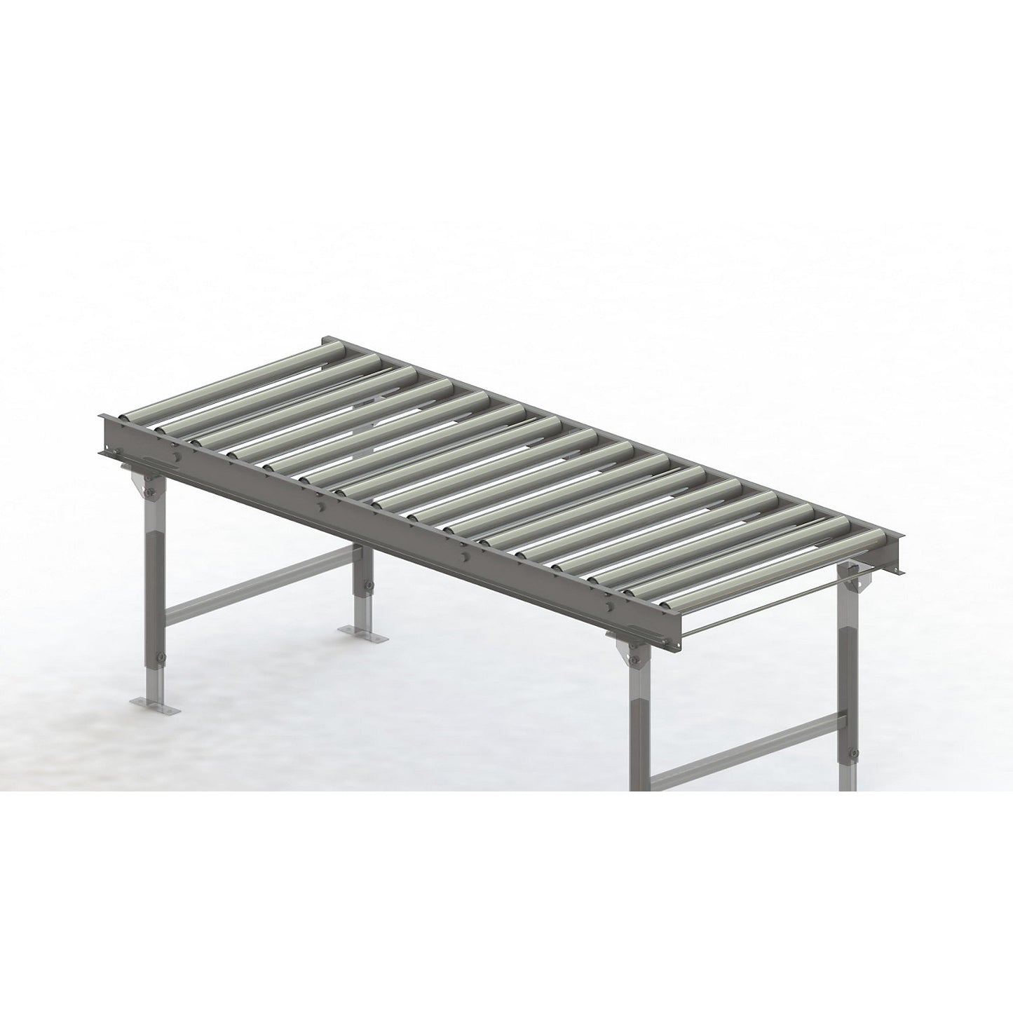 Roller conveyor, steel frame with zinc plated steel rollers, track width 750 mm, distance between axles 125 mm, length 2 m.