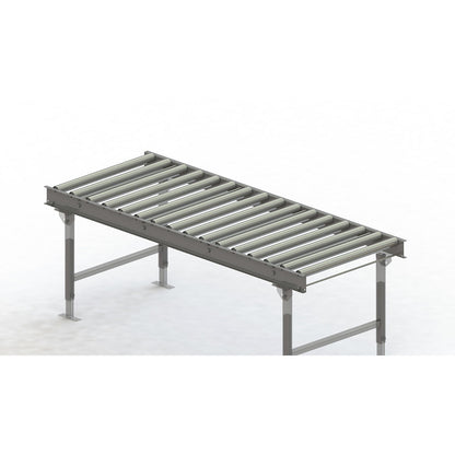 Roller conveyor, steel frame with zinc plated steel rollers, track width 750 mm, distance between axles 125 mm, length 2 m.