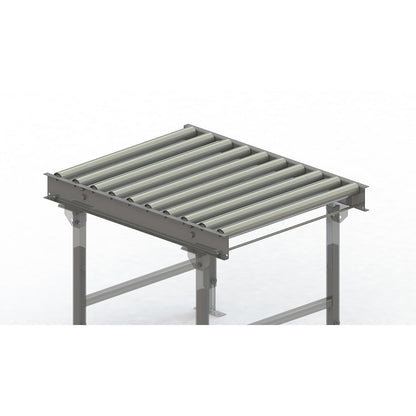 Roller conveyor, steel frame with zinc plated steel rollers, track width 750 mm, distance between axles 100 mm, length 1 m.
