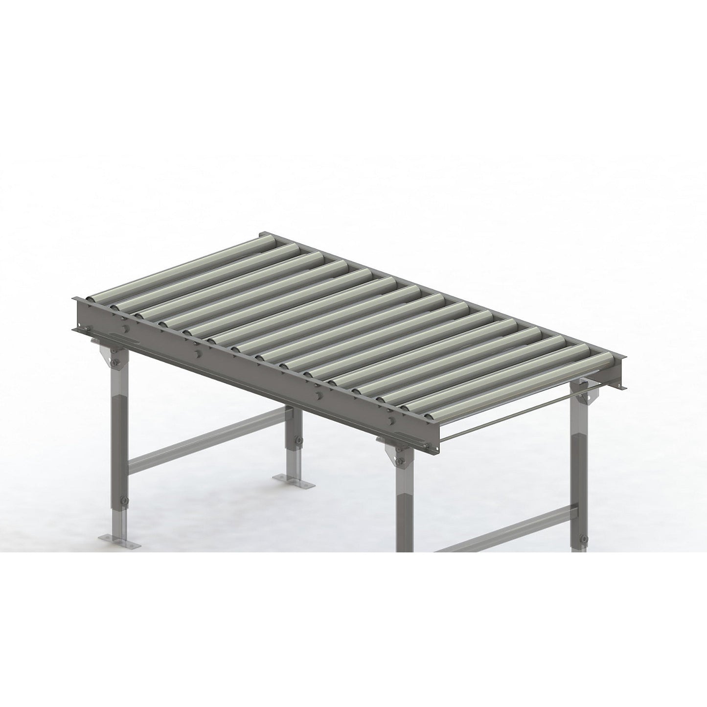 Roller conveyor, steel frame with zinc plated steel rollers, track width 750 mm, distance between axles 100 mm, length 1.5 m.