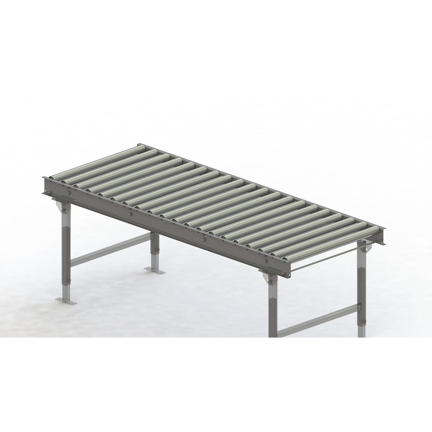 Roller conveyor, steel frame with zinc plated steel rollers, track width 750 mm, distance between axles 100 mm, length 2 m.