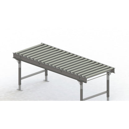 Roller conveyor, steel frame with zinc plated steel rollers, track width 750 mm, distance between axles 100 mm, length 2 m.
