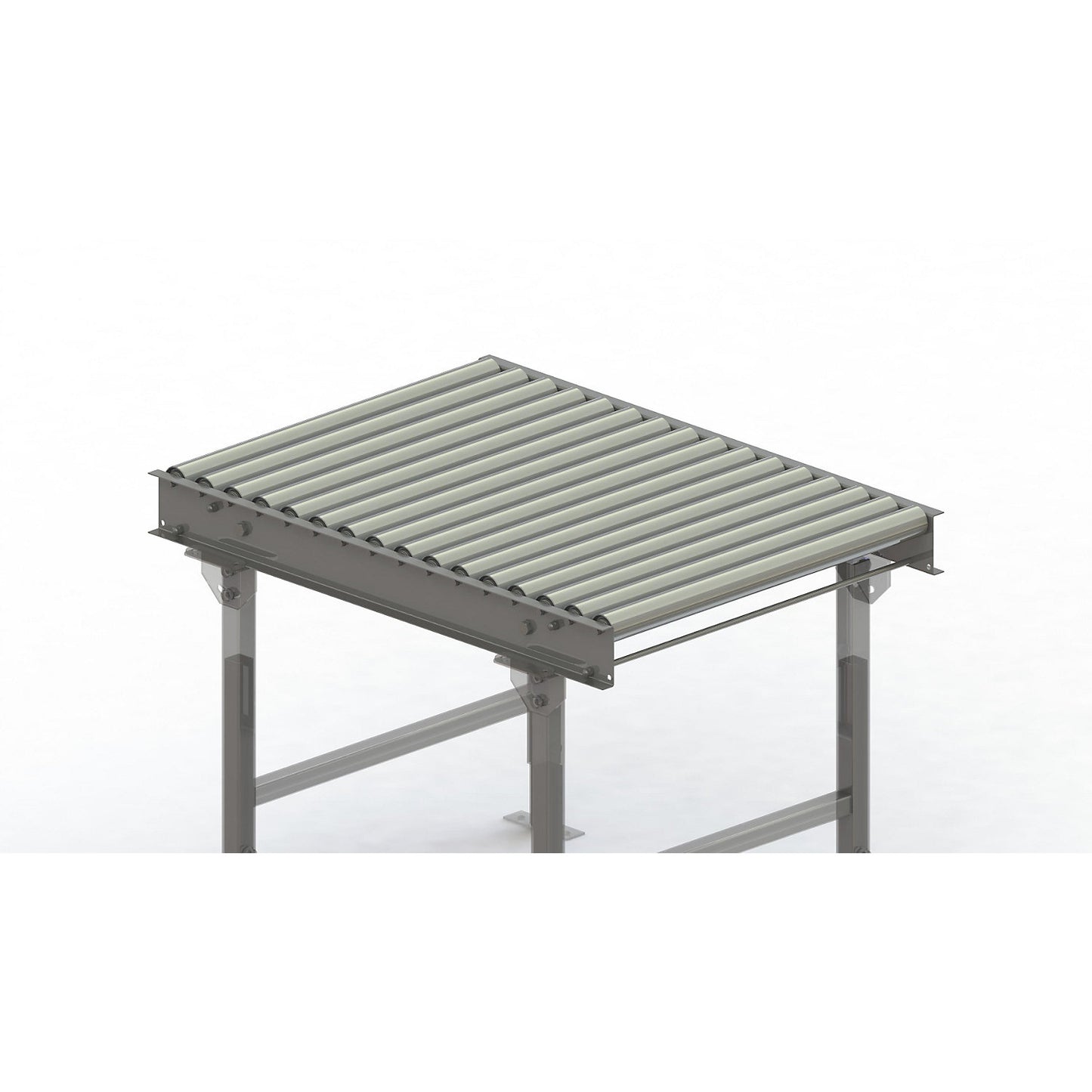 Roller conveyor, steel frame with zinc plated steel rollers, track width 750 mm, distance between axles 62.5 mm, length 1 m.